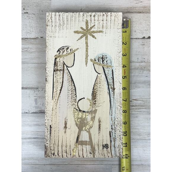 Nativity Manger Textured Wooden Block 11.75" Handmade Glitter - Picture 3 of 4
